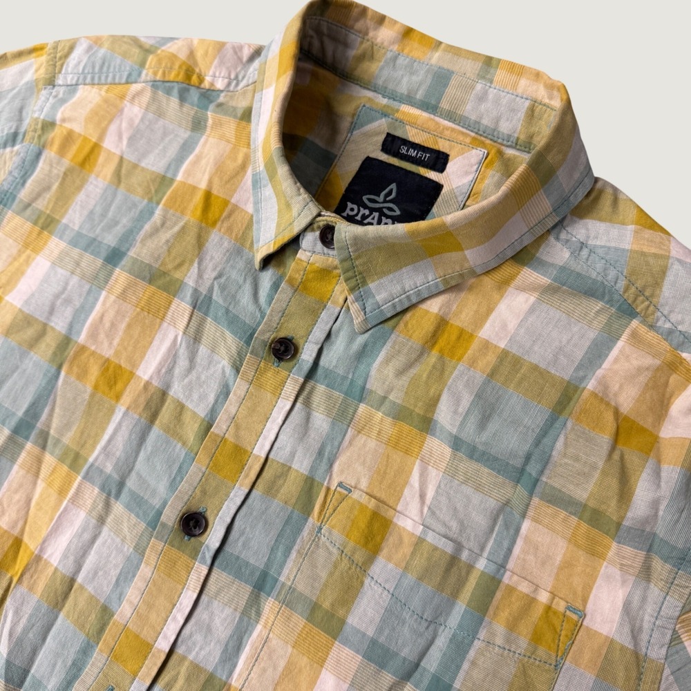 Prana Mens Slim Fit Short Sleeve Plaid Button Down Shirt Yellow Blue Medium